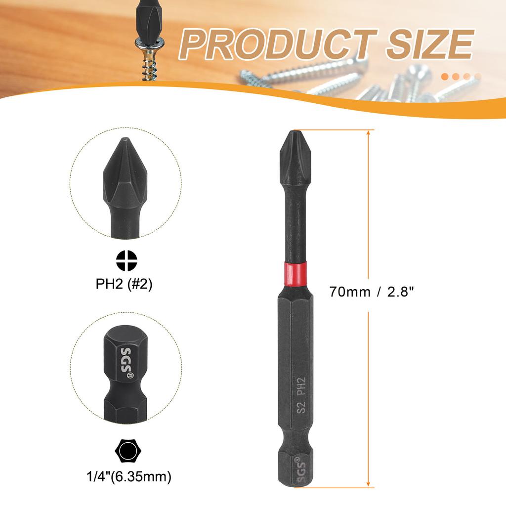 Phillips Impact Screwdriver Bit 1/4" Hex Shank Magnetic Cross Head Drill Bits S2 Steel Screw Driver for Impact Power Drivers