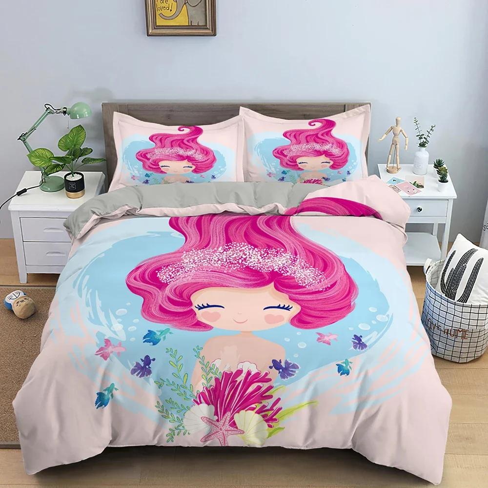 Mermaid Cute Cartoon Comfortable Duvet Quilt Cover Pillowcase Bedding Set Children Bedroom Decoration Home Textile