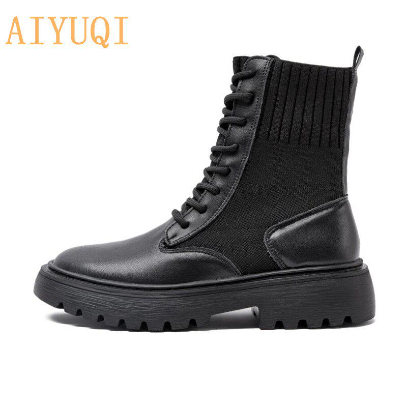 Zapatos de mujer botas cuero genuino otoño invierno mujeres botas calcetín  moda de alta calidad plana mujeres tobillos comprar a buen precio — entrega  gratuita, reseñas reales con fotos — Joom