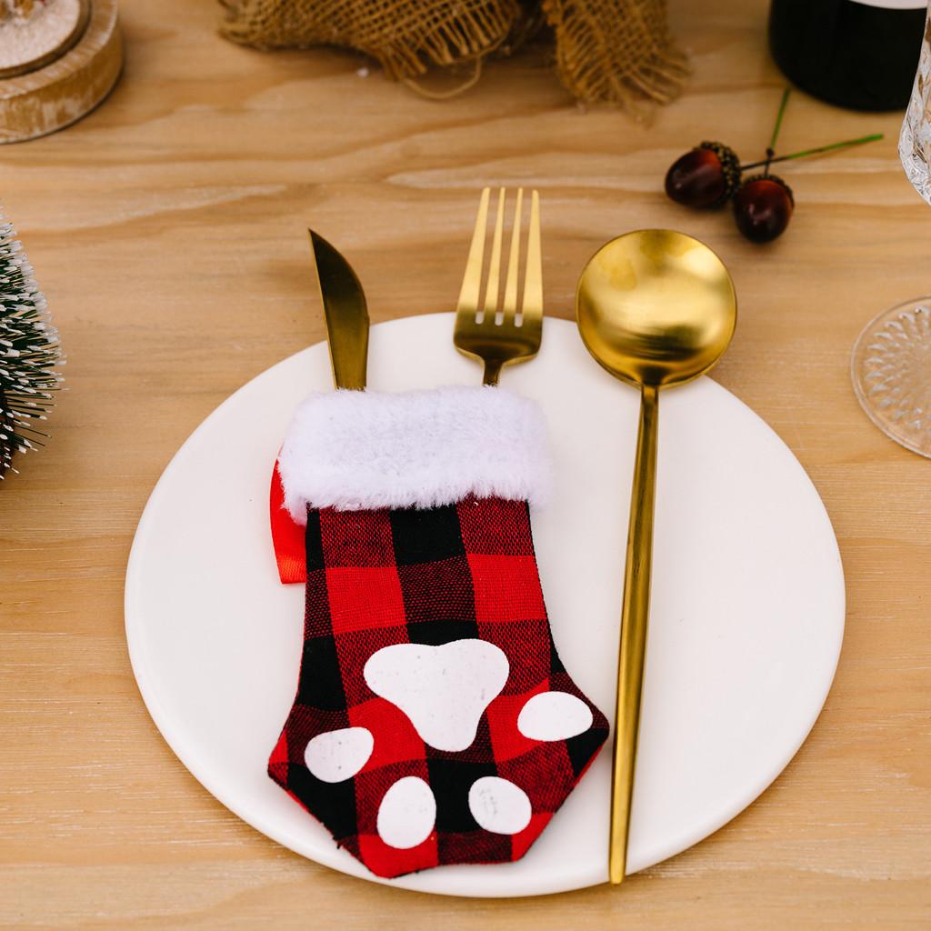 

Adorable Christmas Plush Border Plaid Cat Paw Print Fork And Knife Set Table Decor RedBlack Check
