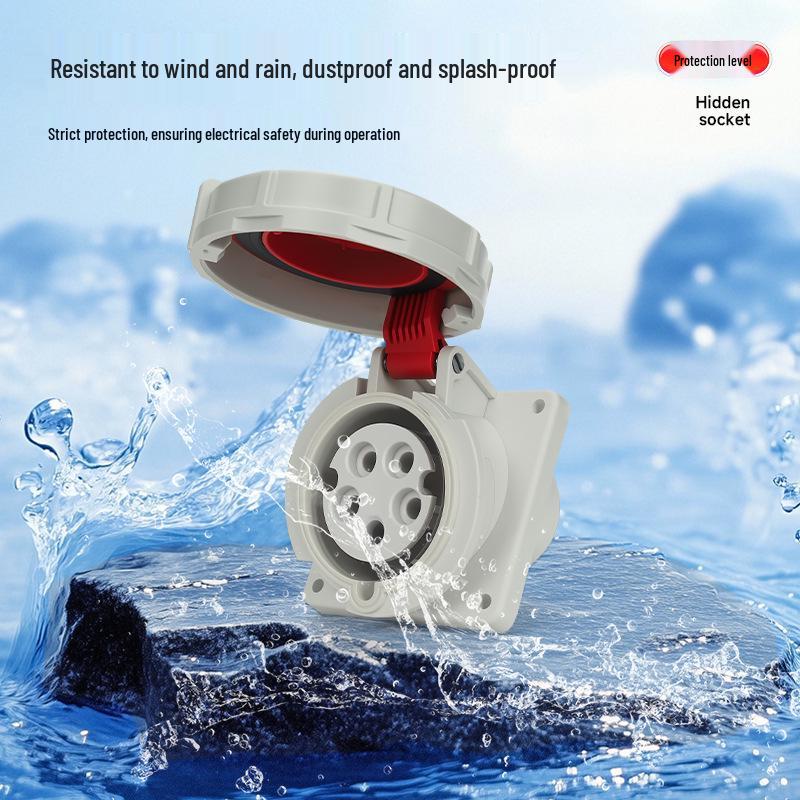 IP67 Waterproof Industrial Angled Plug Socket, 16A/32A, 3-Core, 4-Wire, 5-Pin, Flush Mount, Not Explosion-Proof
