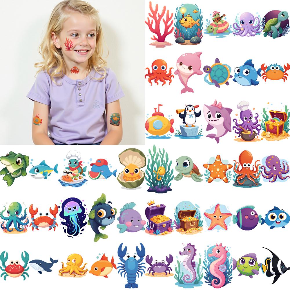 54pcs Temporary Tattoo Cartoon Creatures Temporary Tattoo Stickers Ocean Animals Waterproof Long-lasting Body Stickers For