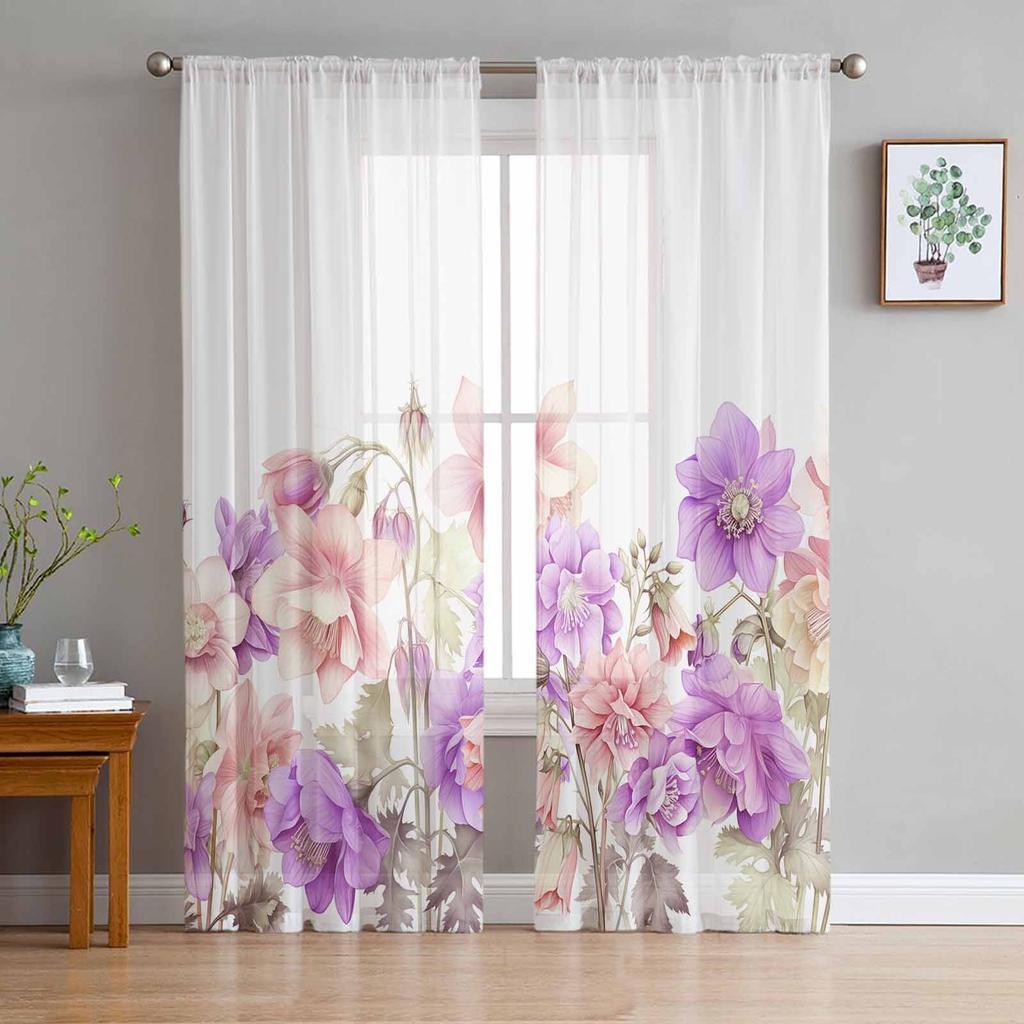 Spring Flowers Watercolor Countryside Sheer Curtains Modern Gauze Curtain for Living Room Bedroom Voile Yarn Curtains