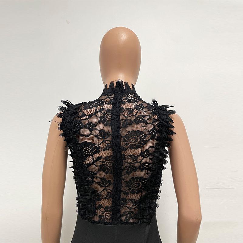 GMXIA Macacão feminino de gola alta, perna reta, renda, crochê, sem mangas