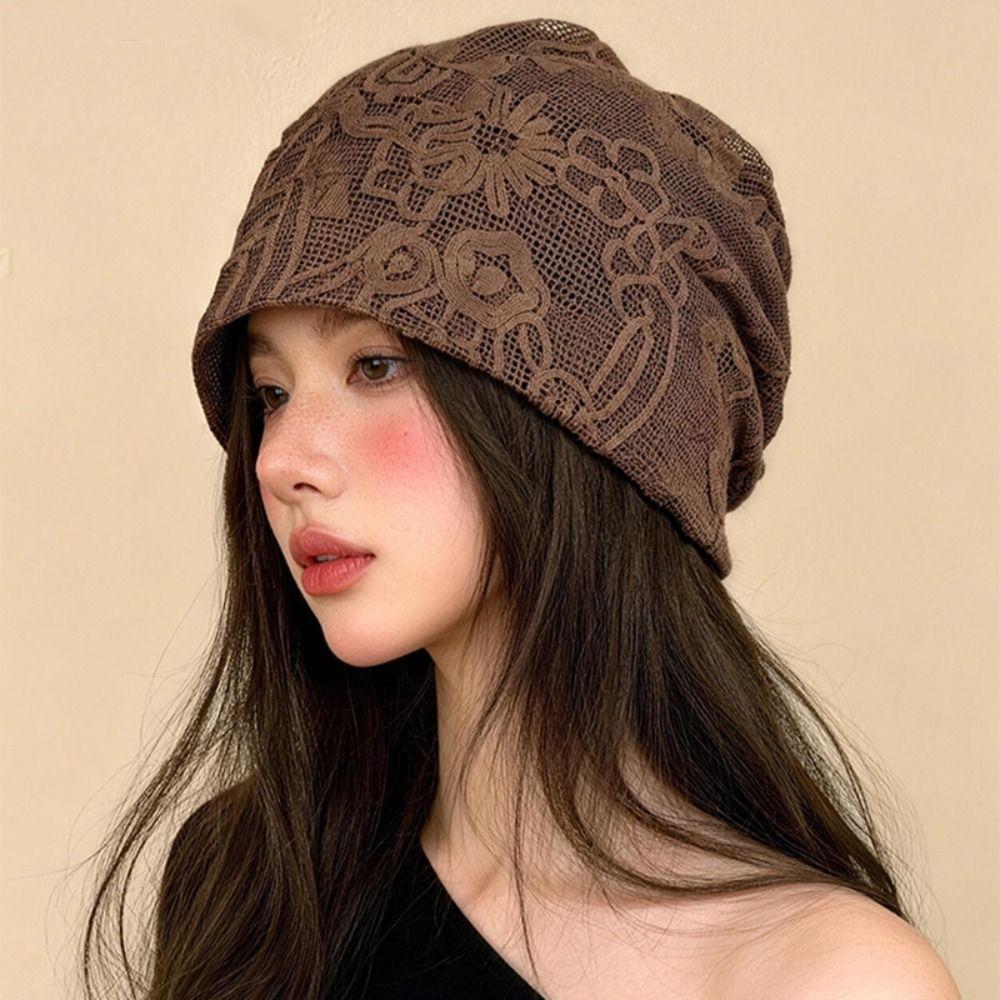 Retro Embroidered Crochet Flower Lace Hat Spicy Girl Thin Hollow Out Beanies Korean Style Breathable Weave Knitted Cap Outdoor