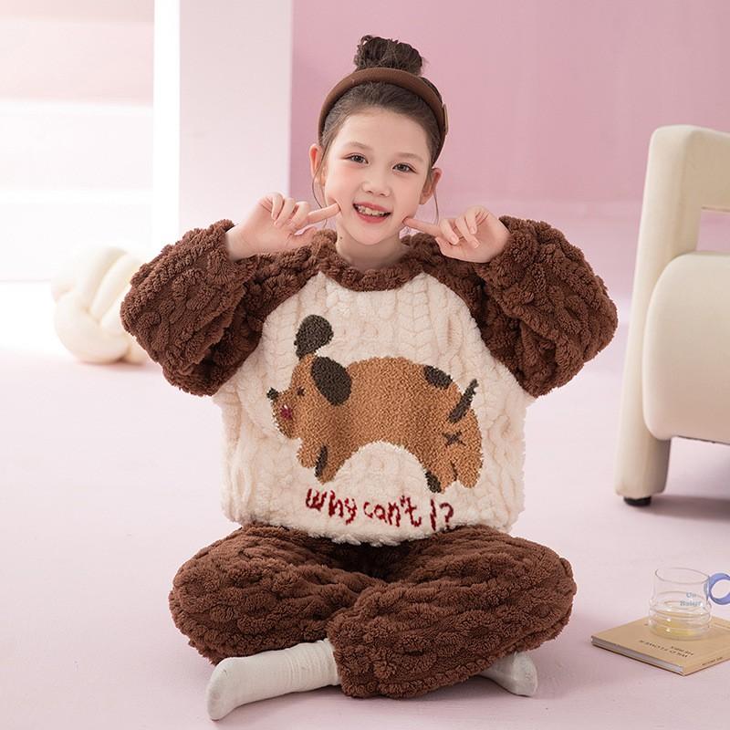 Girls Warm Coral Fleece Pajama Set Long Sleeve Cartoon Print Soft Home Wear Winter
