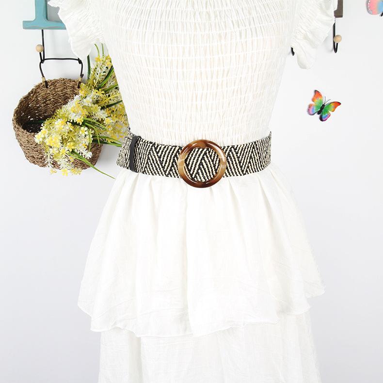 Cotton And Linen Wind Woven Belt Women'S Round Square Buckle Dress Long Shirt Decorative Waist Seal