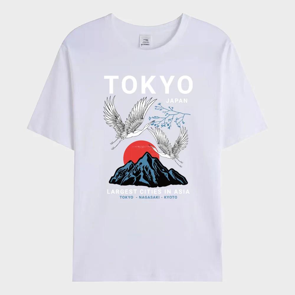Summer Men's T-shirt Japan Tokyo Flying Crane Printed T-shirt Fashion Street Short Sleeve Oversized Tee Shirt Men Clothes