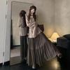Plus Size Maillard Color Two-Piece Set for Women: Spring Long Sleeve Top & High Waist Skirt