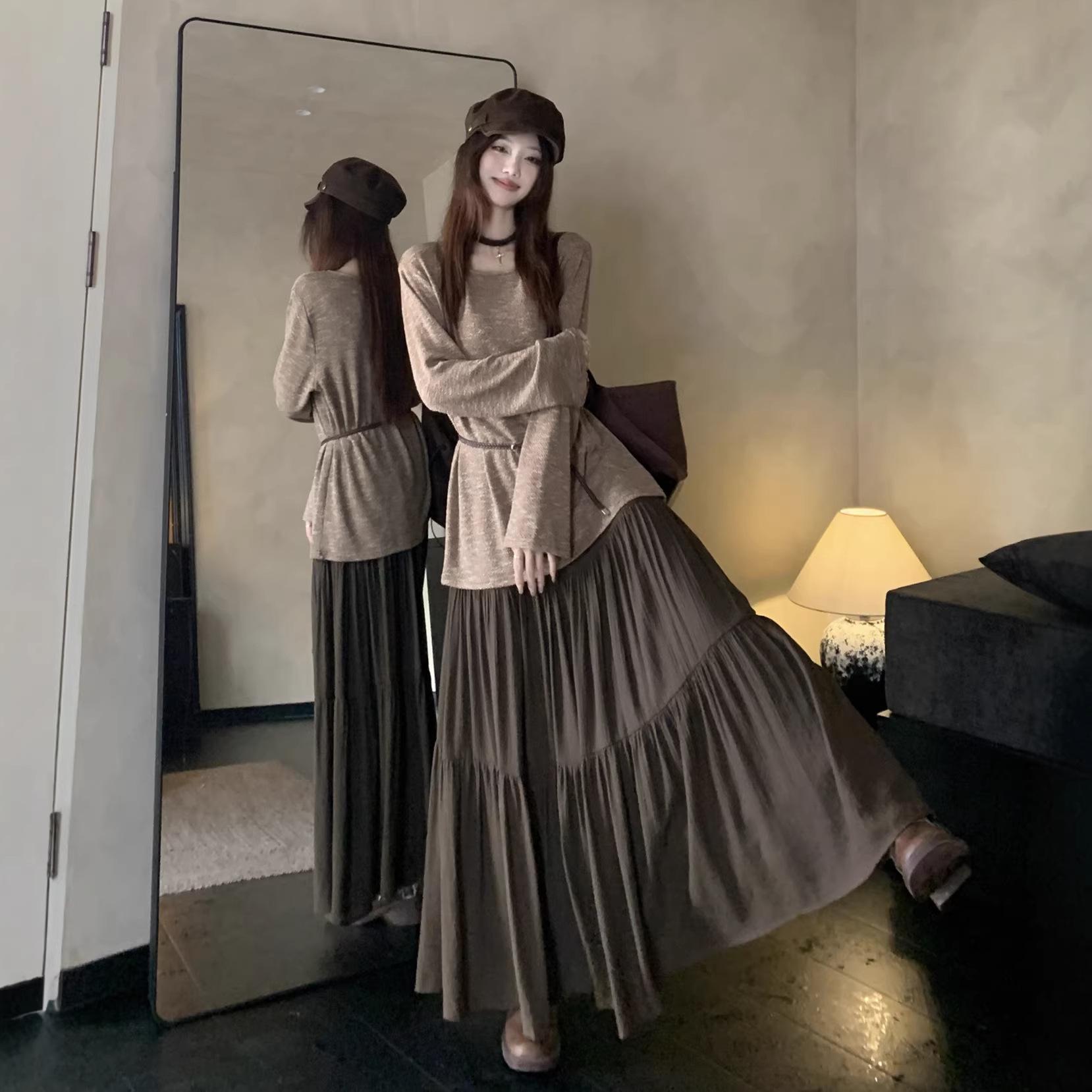 

Plus Size Maillard Color Two-Piece Set for Women: Spring Long Sleeve Top & High Waist Skirt 3XL