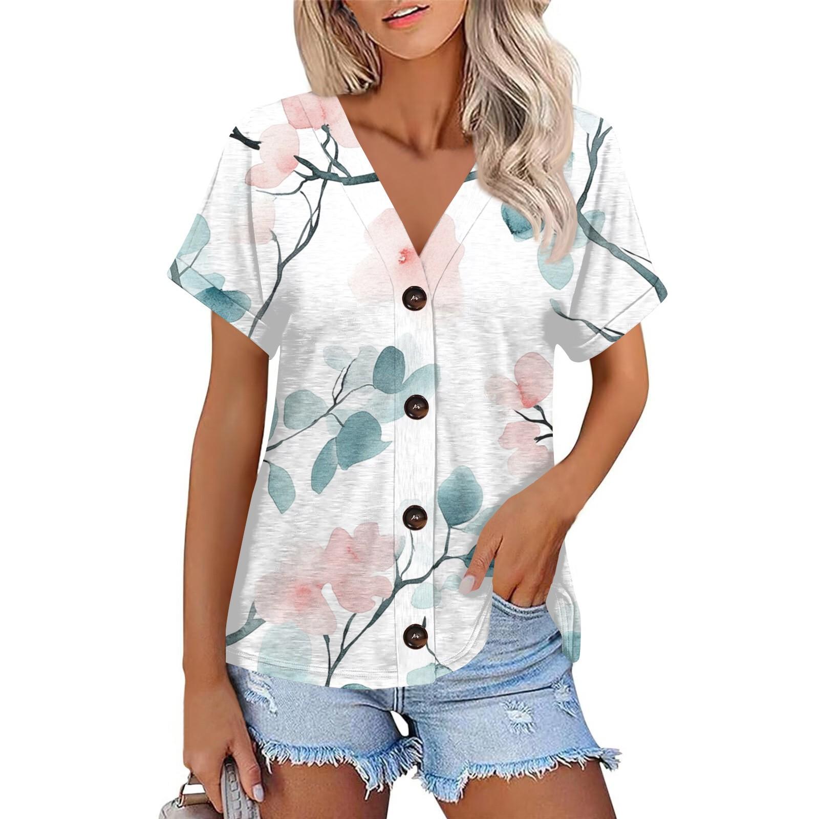 

Женская мода с короткими рукавами и V-образным вырезом, повседневная футболка с пуговицами XL белый