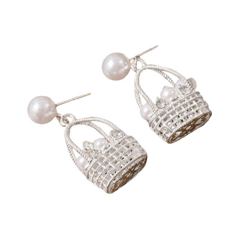 Stylish Alloy Woven Basket Earrings With Rhinestones And Pearls Retro Designs серебряный