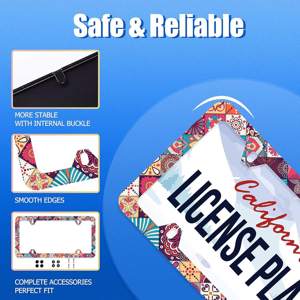Stitching Tile Boho Pattern License Plate Frame Stainless Steel Parts Colorful License Plate Decorative With Screws Size 12.3" X 6.3" Women