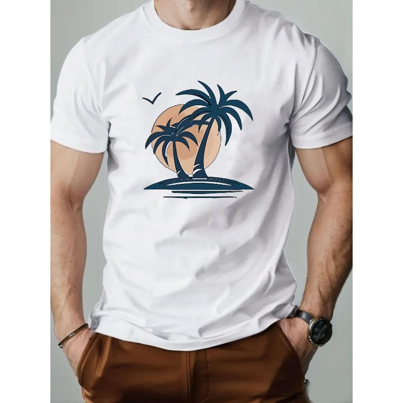 

European Size Men S Coconut Tree Pattern Summer Casual Short-Sleeve T-Shirt S белый