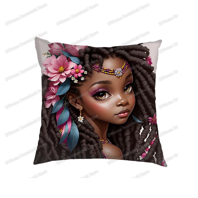 Cute Afro Princess With Cat Dog Print Cushion Covers African Girls Pillowcase Home Decor Seat Sofa Car Office Throw Pillow Cover