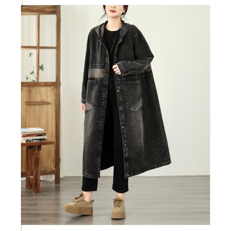 European Style Patchwork Denim Jacket Women Hooded Loose Fit Long Trench Coat Autumn Oversized Outerwear Plus Size