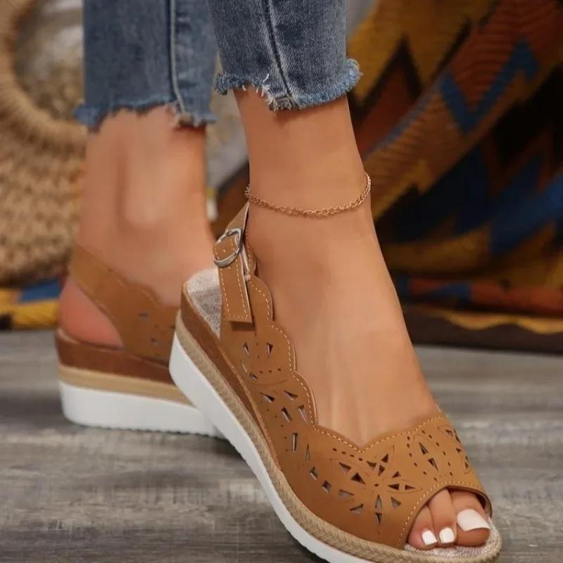 Women's Shoes 2024 High Quality Peep Toe Women's Sandals Summer Casual Sandals Women Fashion Buckle Strap Hollow Wedge Sandals