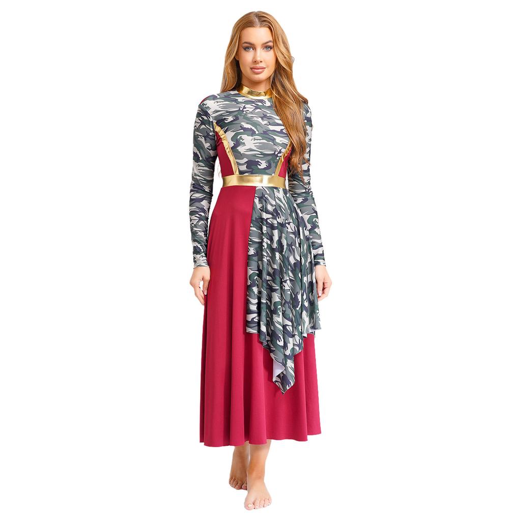 Womens Praise Dance Dress Mock Neck Long Sleeve Tunic Design High Waist Asymmetrical Hem Lyrical Costume