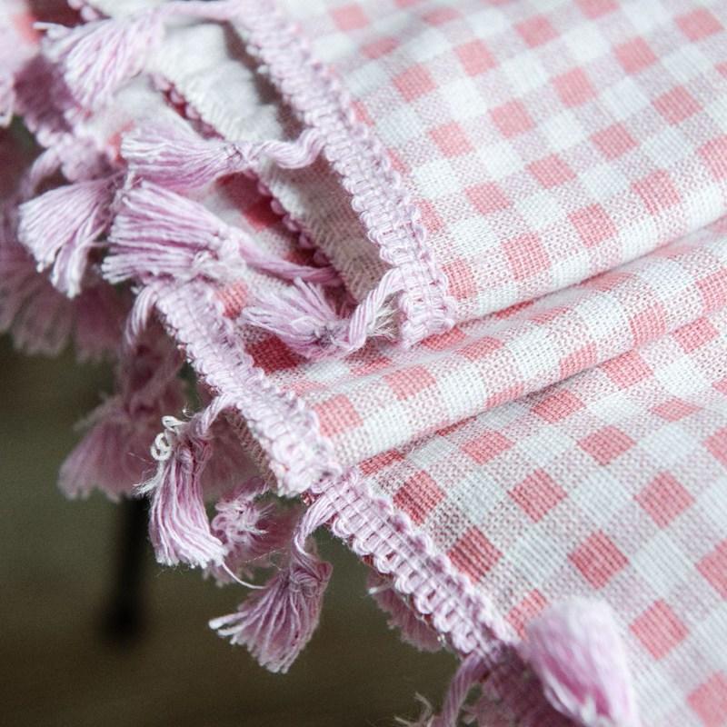 Japanese Pink Plaid Cotton Linen with Tassel Window Curtain Blackout Valance Art Decorative Curtain for Living Room Bedroom