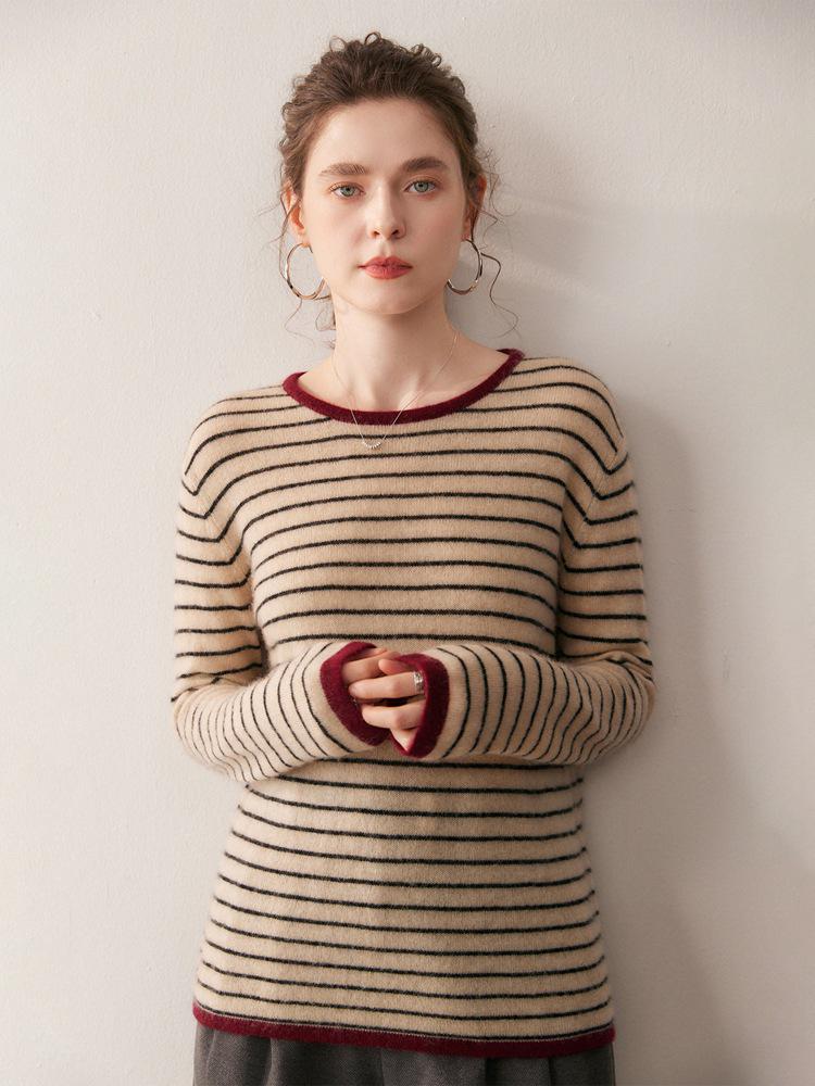 2025 Autumn/Winter Women's Color Block Stripe Cashmere Sweater - Loose Knit Round Neck Long Sleeve Fashion Base Layer