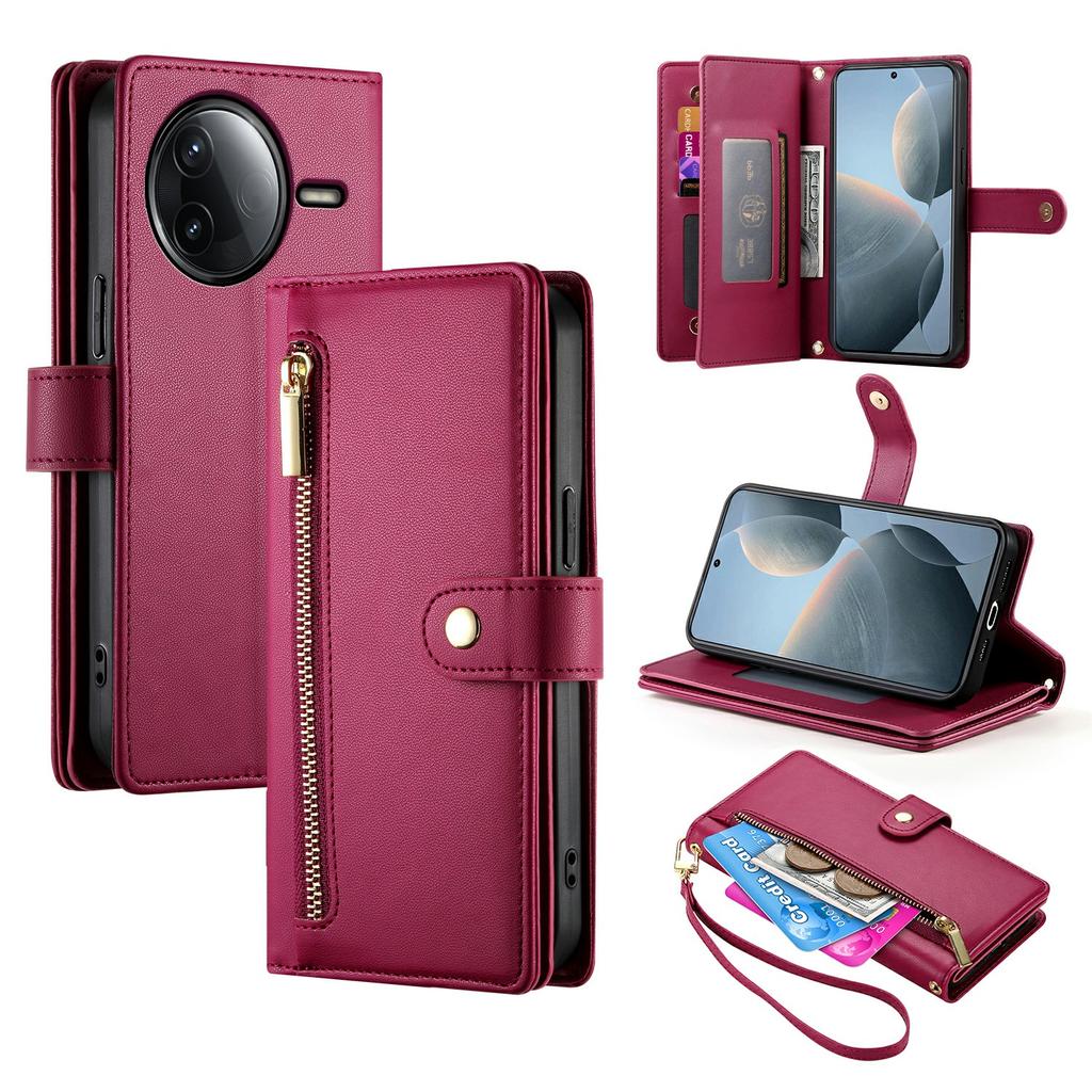 DF-011 For Xiaomi Redmi K80 5G/Poco F7 Pro 5G Case Zipper Pocket Wallet Leather Phone Cover with Straps