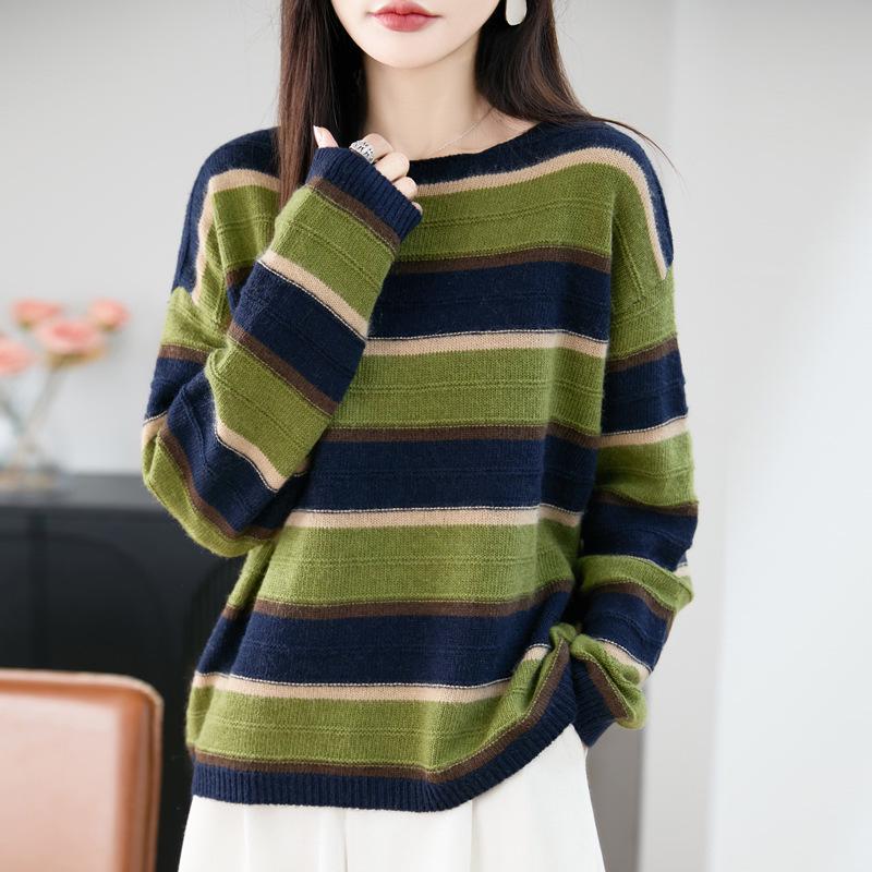 Women's Retro Striped Wool Base Layer Sweater - Loose Fit, Round Neck Knit with Long Sleeves