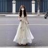 Vintage Ink Wash Print Slip Dress for Women, Summer Sophisticated and Elegant Waist-cinching Wide Hem Dress, A-line Long Dress