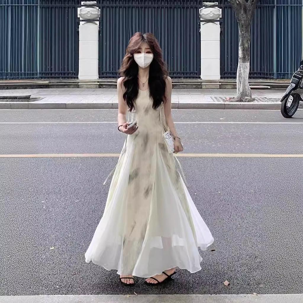 Vintage Ink Wash Print Slip Dress for Women, Summer Sophisticated and Elegant Waist-cinching Wide Hem Dress, A-line Long Dress