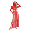 Women Sheer Maxi Dress High Slit Design Hooded Face Cover Long Sleeves Hollow Out Mesh Coverup Gown