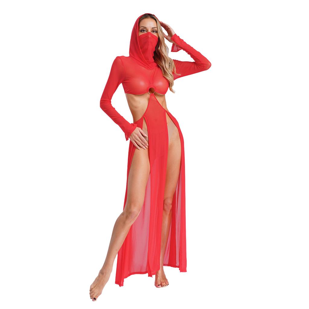 Women Sheer Maxi Dress High Slit Design Hooded Face Cover Long Sleeves Hollow Out Mesh Coverup Gown