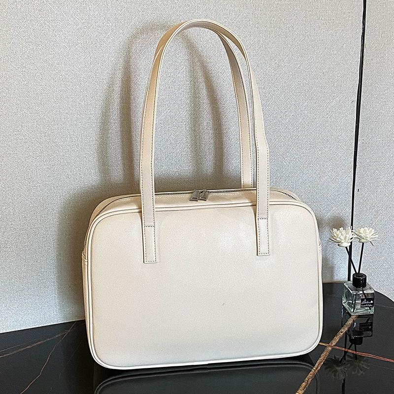 

Korean retro soft leather solid color zipper large capacity shoulder bag commuting briefcase leisure college style women s bag бежевый