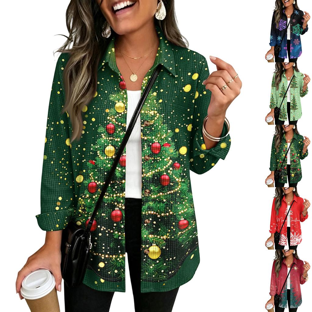 Damen Strickjacke mit Knopfleiste, locker geschnitten, Weihnachtsprint, Langarm Top für die Feiertage