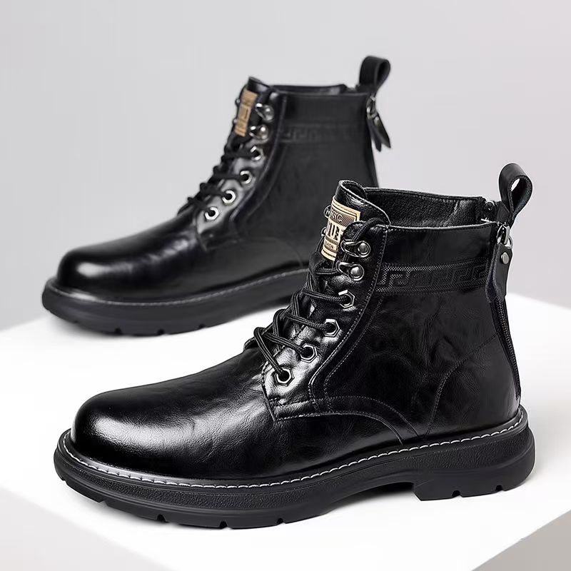 Men High Top Boots High Quality Casual Leather Booties Classic Side Zip Ankle Boots Plush Warm Winter Boots for Men Cotton Shoes