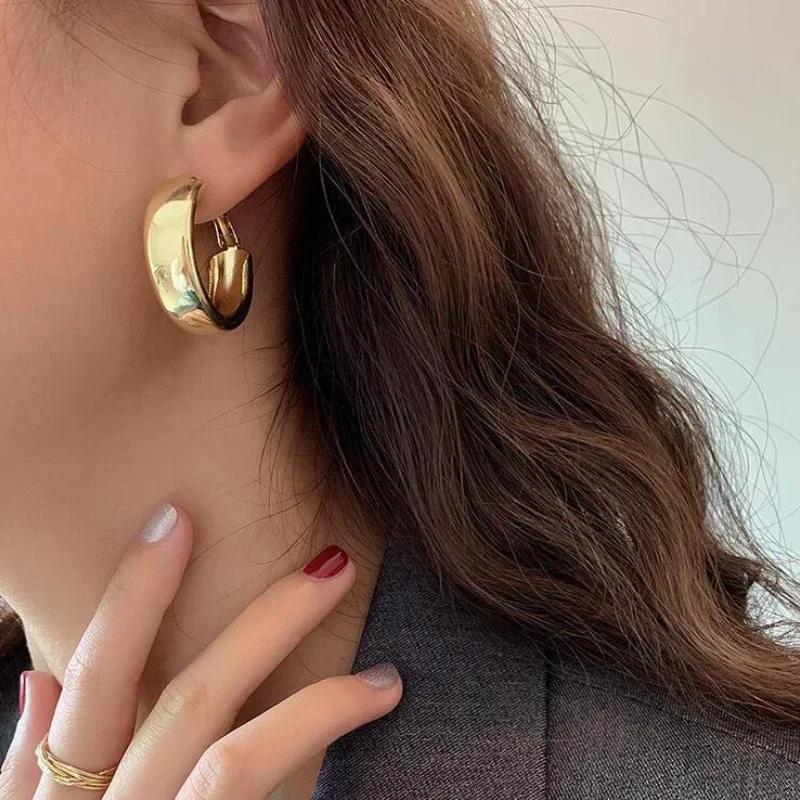 Gold Color Smooth Three Circles Hoop Earrings Exaggerated Thick Tube Round Ear Simple Women Fashion Jewelry Hiphop Rock