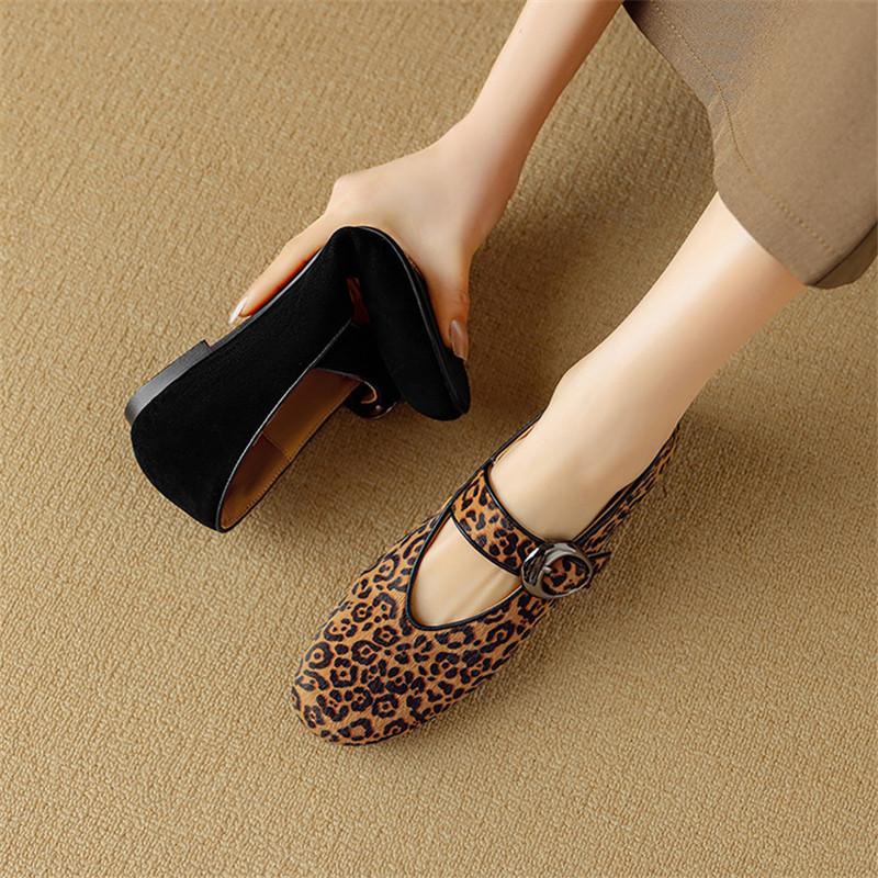 Fashion New Spring/summer Sheep Suede Round Toe Mary Jane Shoes for Women Fashion Leopard Print Horsehair Shoes Low Heels Women Pumps