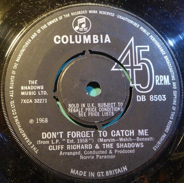 7inch Record CLIFF RICHARD & THE SHADOWS / CLIFF - Don't Forget To Catch Me DB8503 Columbia 1968 UK Rock Used