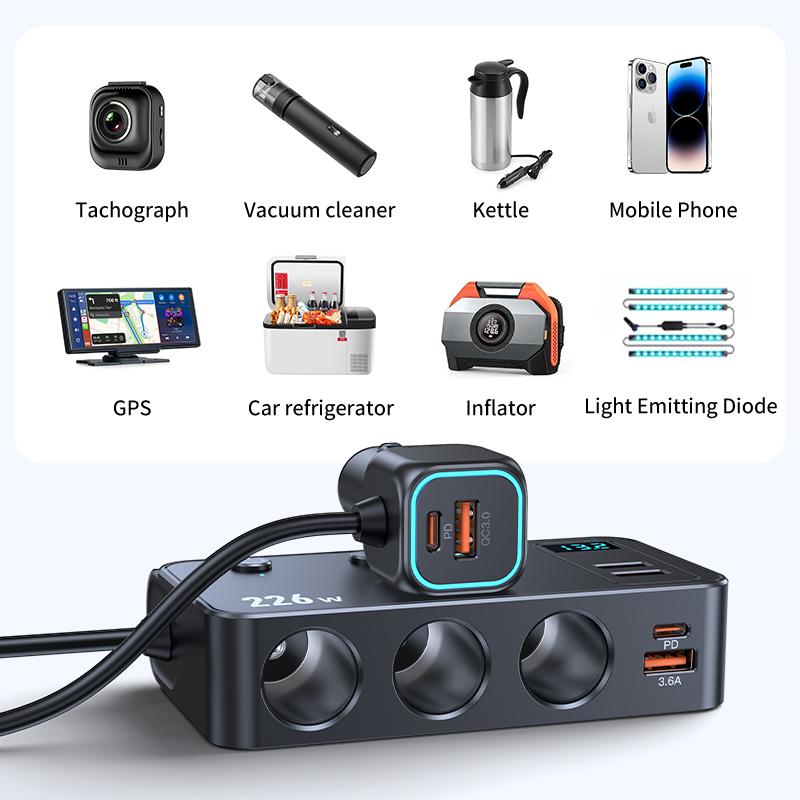 226W Car Charger Fast Charging Cigarette Lighter Split Adapter PD QC3.0 USB Voltage Display Front Rear Charge 12V 24V Truck SUV