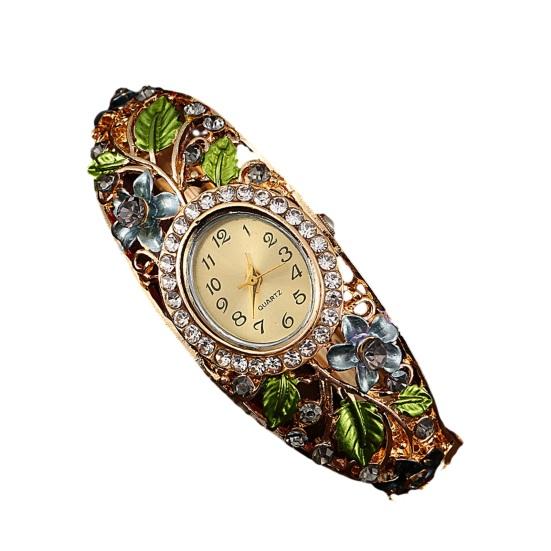 

Женский Цветочный Браслет-Часы Со Стразами Круглый Циферблат Кварцевый Механизм Классический Повседневный Формальный Платье Широкий Браслет Наручные Часы Модные Украшения D
