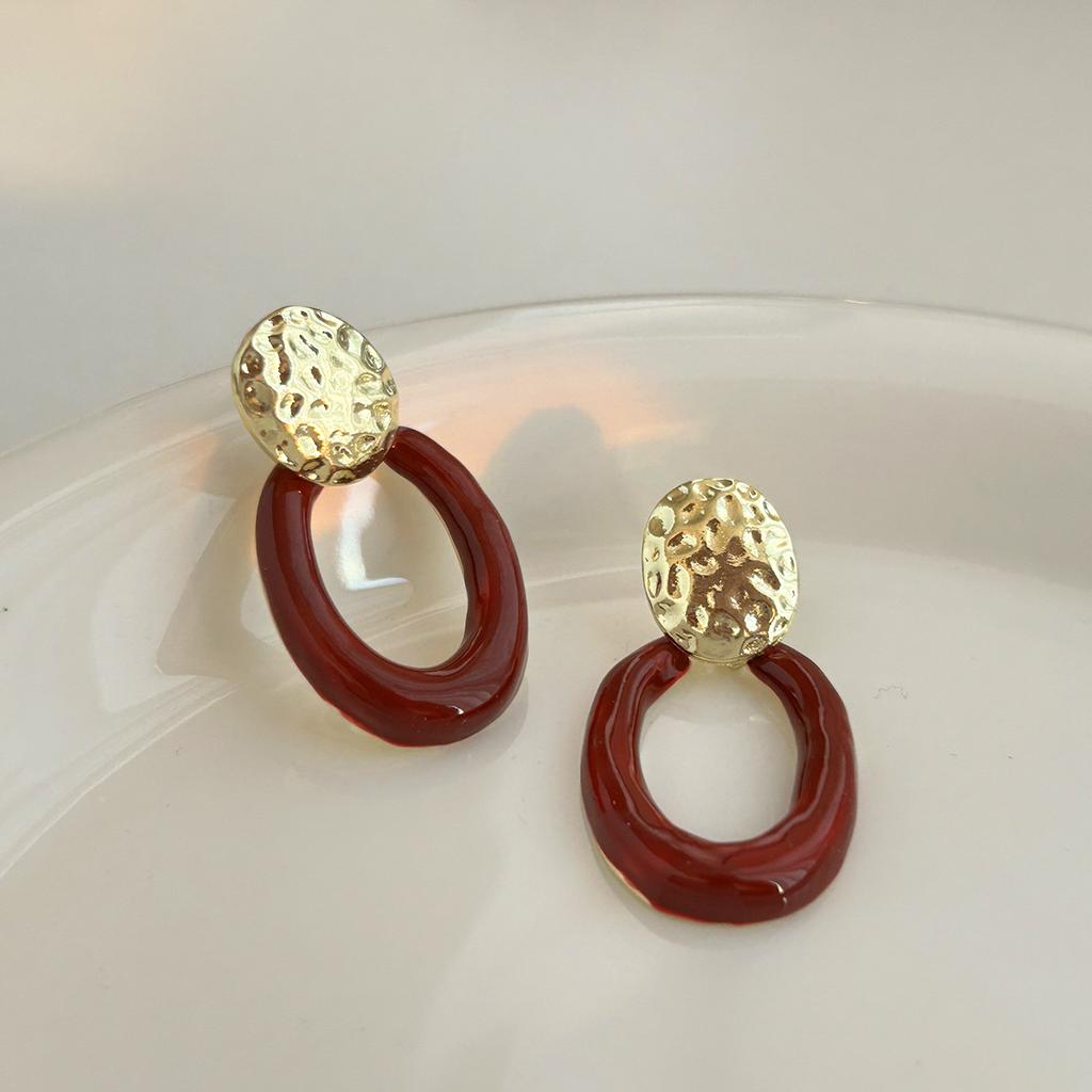 Burgundy Hong Kong Style Geometric Earrings Ankara Red Premium Temperament Earrings Women'S Retro Niche Earrings