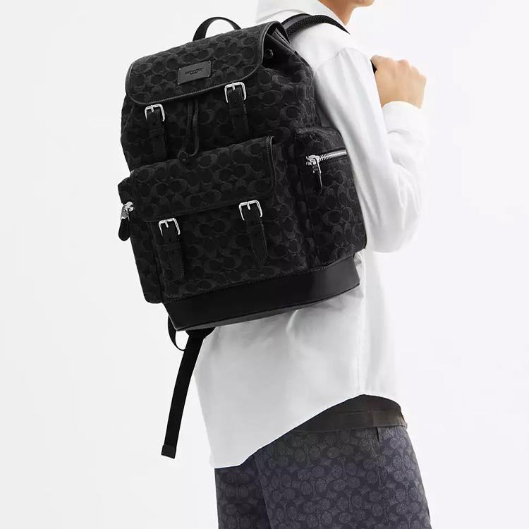 Coach Sprint 28 Classic Monogram Pattern Signature Denim Backpack Large Men Backpacks Black CAJ57-SVBK