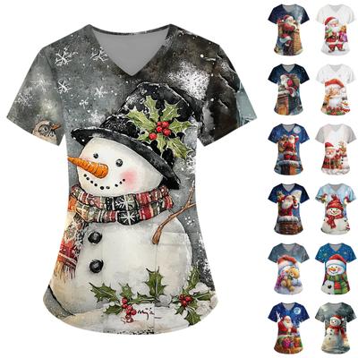 Plus SizePrinted Scrub Working Uniform Tops For Women's Cross V-Neck Halloween Print Short Sleeve Fun T-Shirts Workwear Tee With Pockets