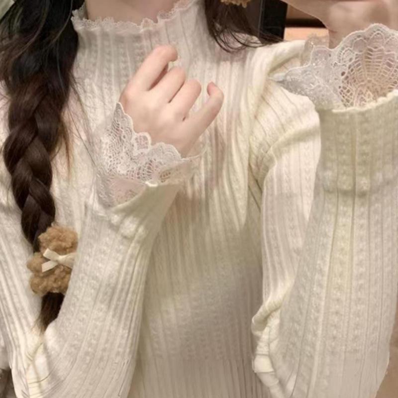 Women's Autumn Winter Lace Paneled Knit Base Layer Slim-Fit Inner Wear Top Stylish Niche Temperament Sweater