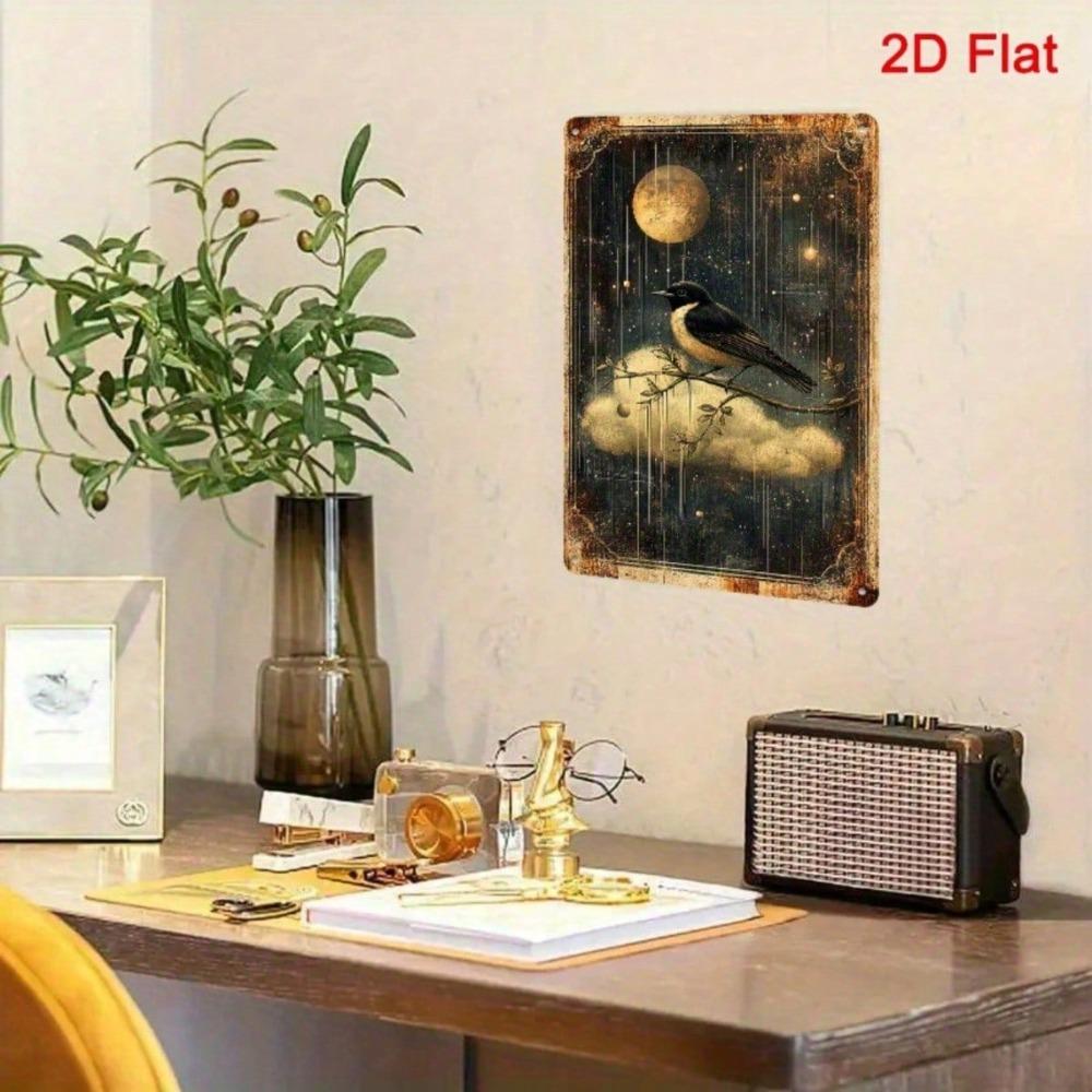 Vintage Moon & Stars Metal Wall Art, 8x12, Retro Celestial Bird Iron Sign for Living Room Office