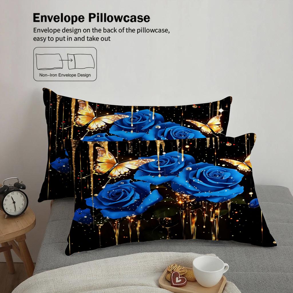 Royal Blue Rose And Butterfly Bedding Set Black Background With Gold Accents With Duvet Cover & Pillowcases For Bedroom Decor