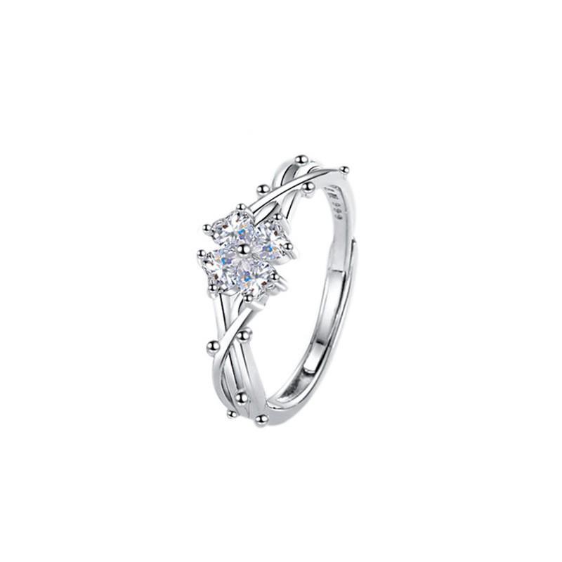 Sterling Adjustable Clover Ring Women With Cubic Zirconia Floral Design Lightweight Elegant Finger
