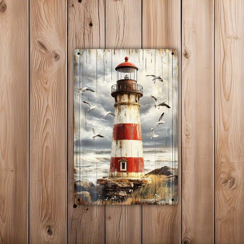 1pc Vintage Coastal Metal Tin Sign Wall Art - Seagulls & Lighthouse Rustic Decor with Easy Hang, Reusable Tin Trim, Durable Naut