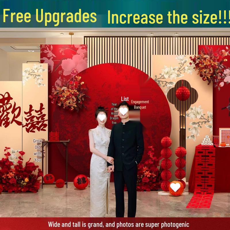 Complete Chinese Engagement Banquet Decoration Set with Backdrop and Tableware – Free Shipping