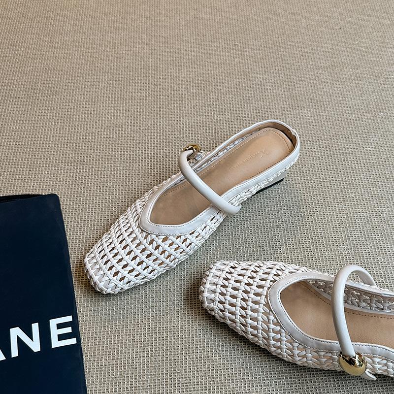 Square head woven hollow outer wear slippers inner height increase belt metal buckle bag head thick heel fashion sandals women's summer