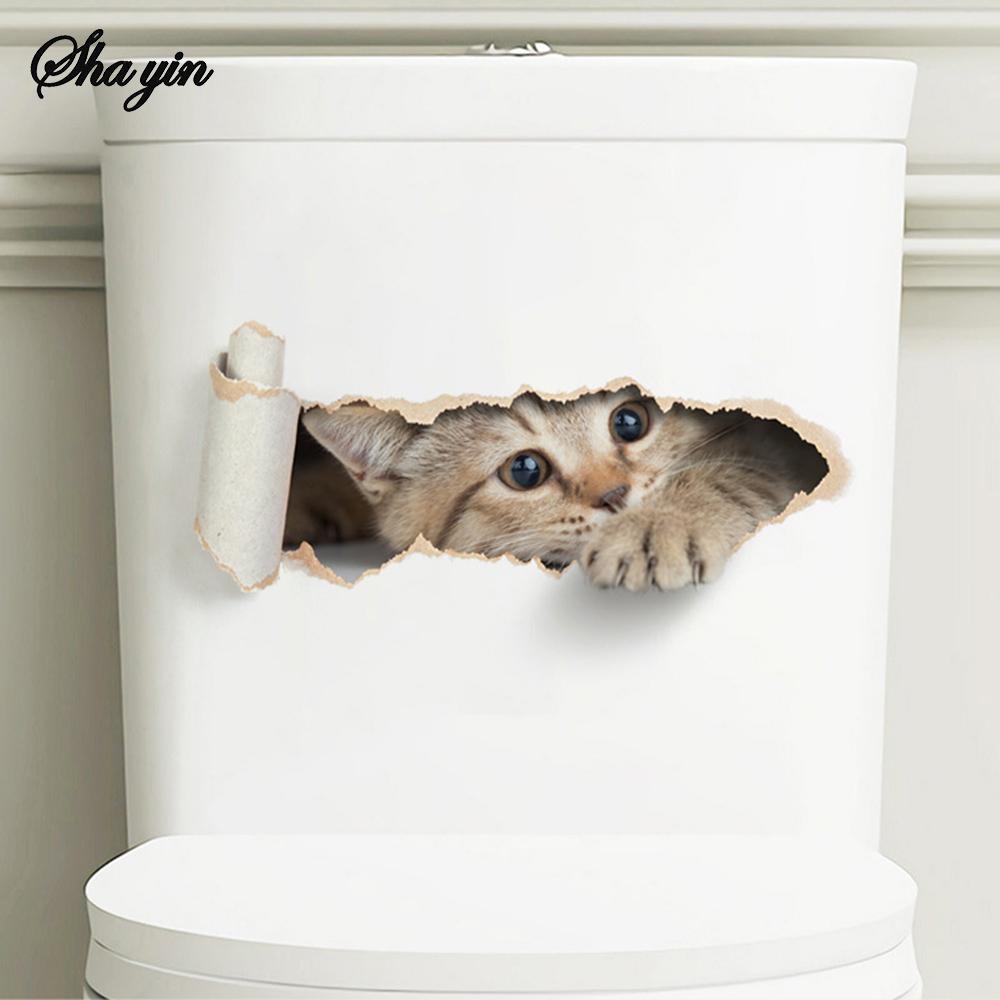 Cartoon Hole Breaking Cat Toilet Sticker, Bathroom Beautification Decoration Toilet Cover Waterproof Sticker