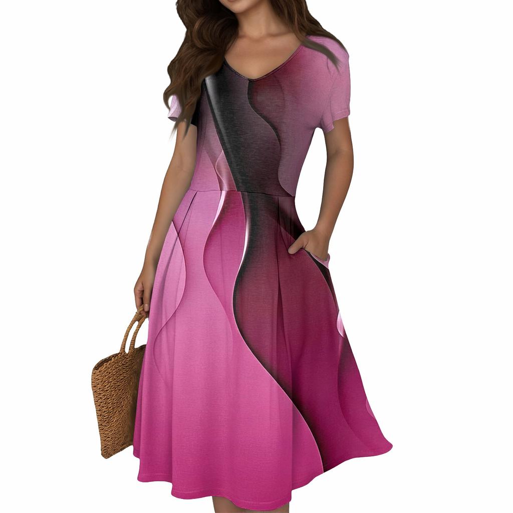 Women's Summer Casual Print V-Neck Short Sleeve Dress With Pockets